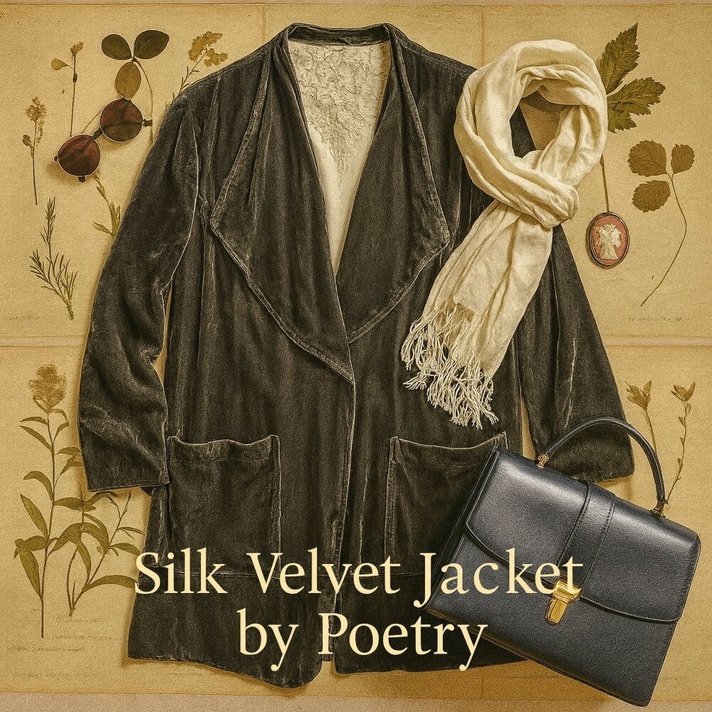 Poetry Silk Velvet Open Front Jacket Drape Collar Charcoal Gray Size 16 Luxury - Picture 10 of 12